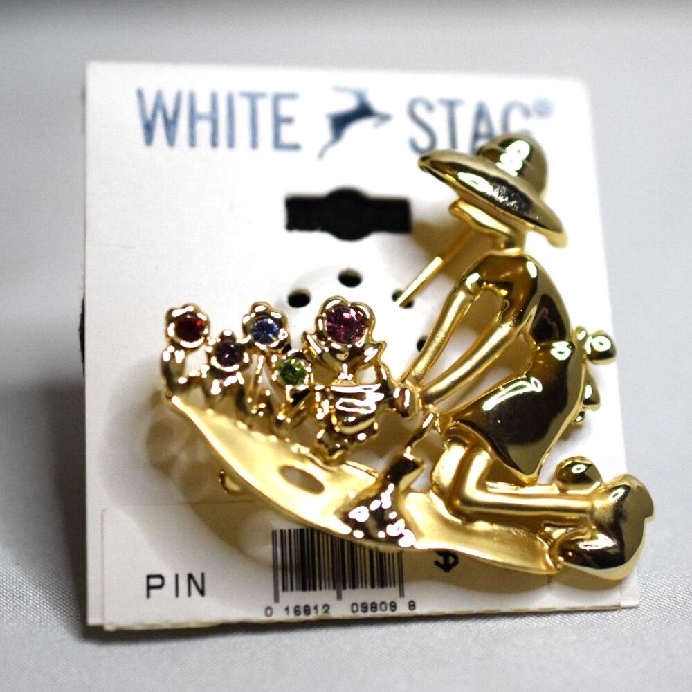 NIP White Stag Gold Tone Gardener Multi Color Gemstone Flowers Brooch